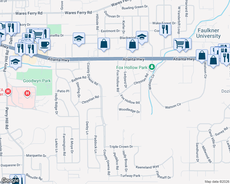 map of restaurants, bars, coffee shops, grocery stores, and more near 4535 Chrystan Road in Montgomery
