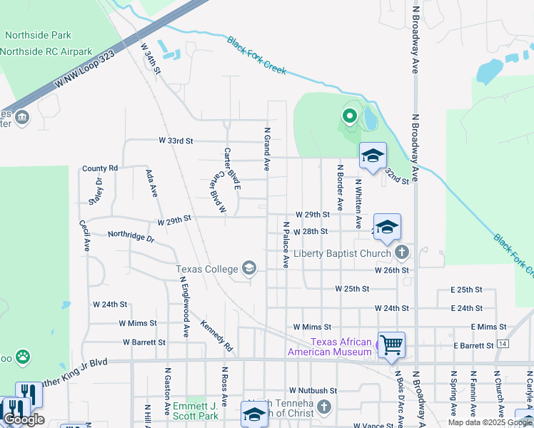 map of restaurants, bars, coffee shops, grocery stores, and more near 1009 West 29th Street in Tyler