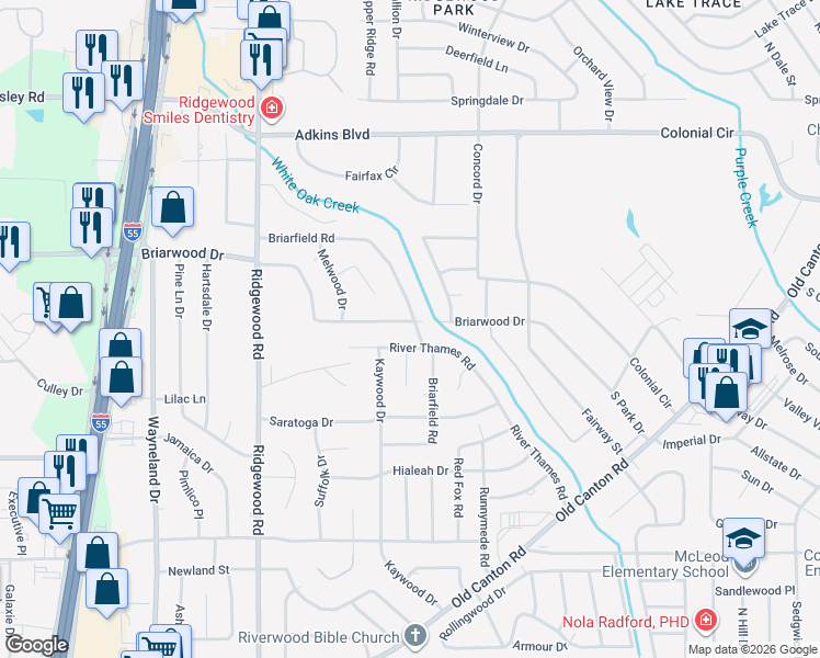 map of restaurants, bars, coffee shops, grocery stores, and more near 5530 River Thames Road in Jackson