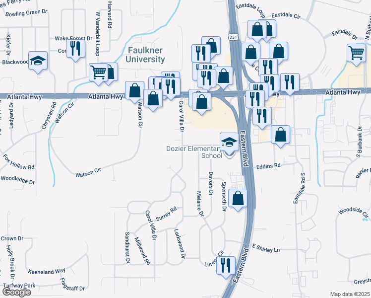 map of restaurants, bars, coffee shops, grocery stores, and more near 201 Carol Villa Drive in Montgomery