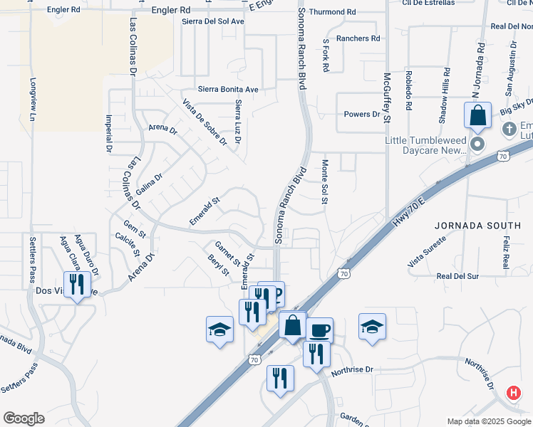 map of restaurants, bars, coffee shops, grocery stores, and more near 5131 Emerald Street in Las Cruces