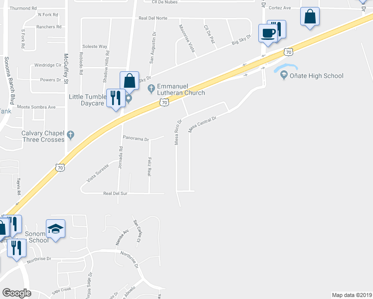 map of restaurants, bars, coffee shops, grocery stores, and more near 4555 Mesa Central Drive in Las Cruces