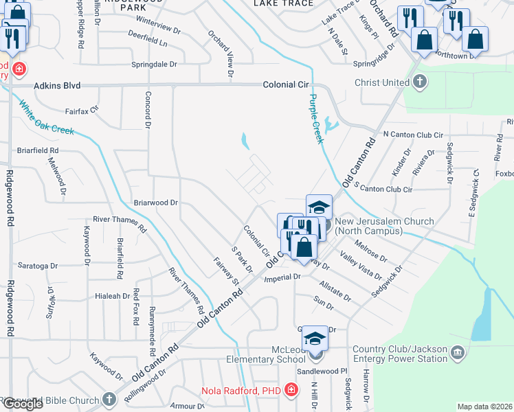 map of restaurants, bars, coffee shops, grocery stores, and more near 5713 Clubview Drive in Jackson