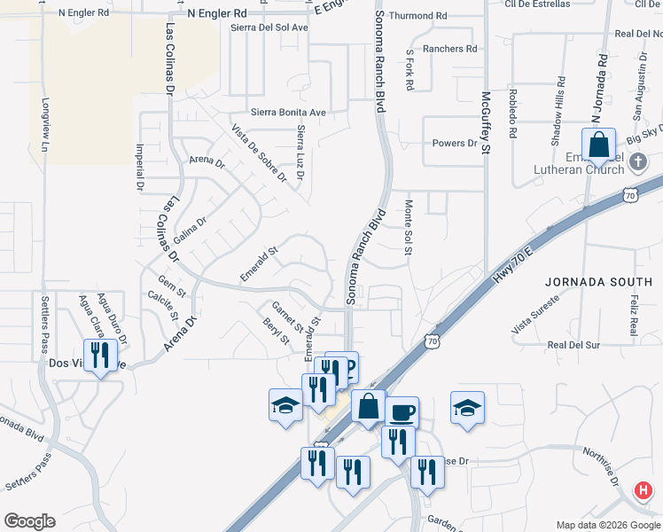 map of restaurants, bars, coffee shops, grocery stores, and more near 5131 Emerald Street in Las Cruces