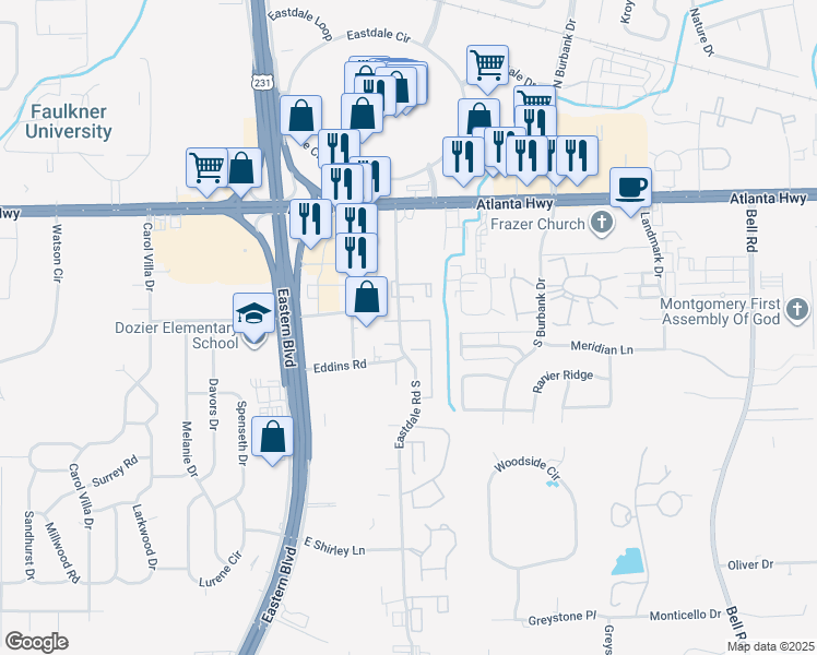 map of restaurants, bars, coffee shops, grocery stores, and more near 255 Eastdale Road South in Montgomery