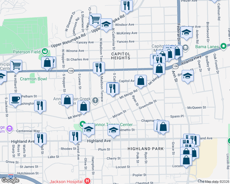 map of restaurants, bars, coffee shops, grocery stores, and more near 1840 James Avenue in Montgomery