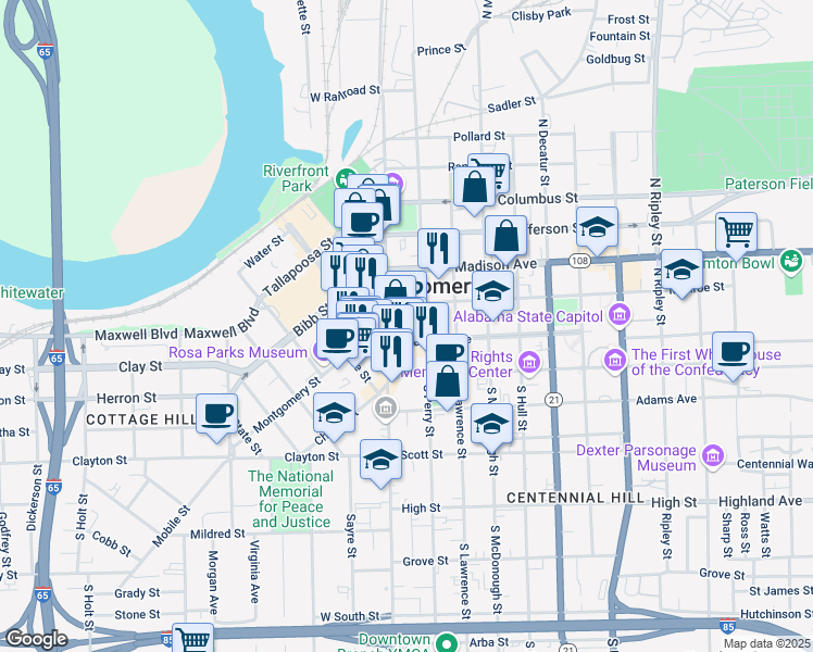 map of restaurants, bars, coffee shops, grocery stores, and more near 29 Dexter Avenue in Montgomery