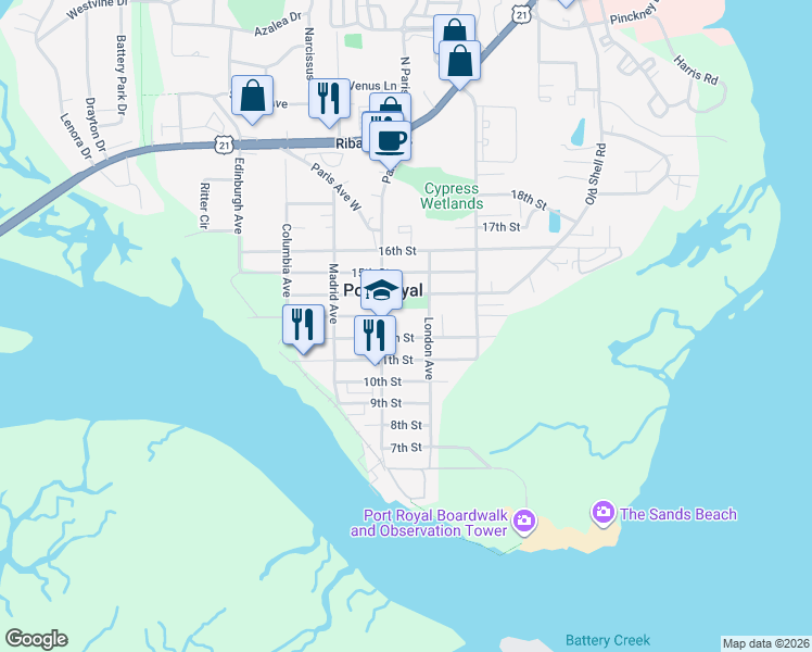 map of restaurants, bars, coffee shops, grocery stores, and more near 1214 Paris Avenue in Port Royal