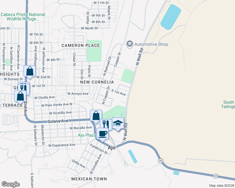map of restaurants, bars, coffee shops, grocery stores, and more near 300 East 1st Avenue in Ajo