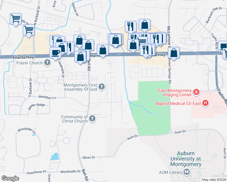map of restaurants, bars, coffee shops, grocery stores, and more near 140 Charleston Court North in Montgomery