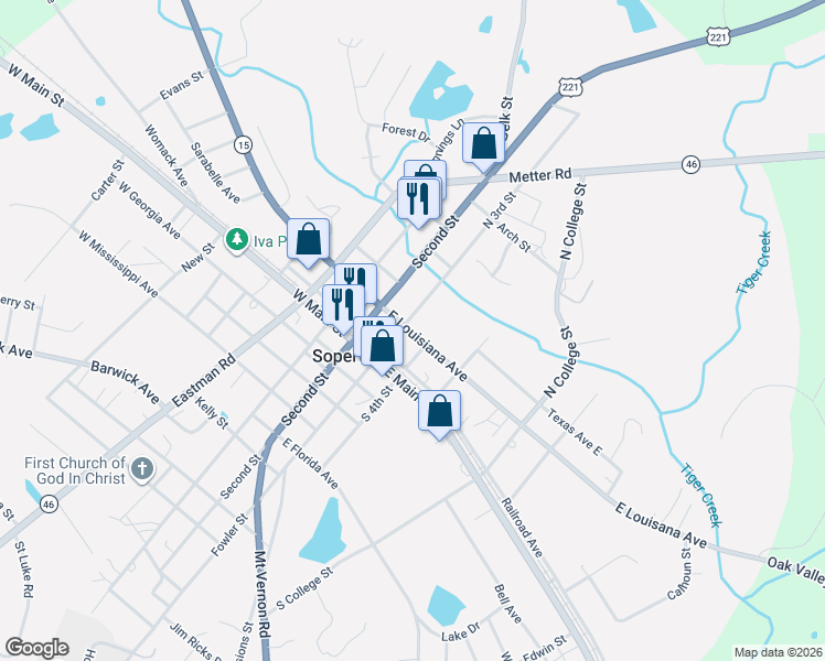 map of restaurants, bars, coffee shops, grocery stores, and more near 203 West Louisiana Avenue in Soperton