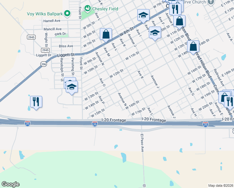 map of restaurants, bars, coffee shops, grocery stores, and more near 1410 West 15th Street in Cisco