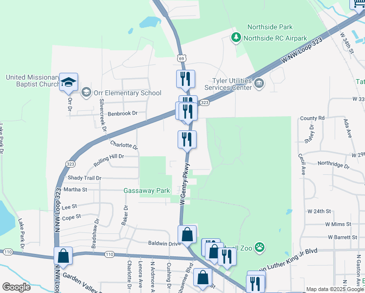 map of restaurants, bars, coffee shops, grocery stores, and more near 3210 W Gentry Pkwy in Tyler