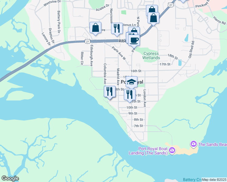 map of restaurants, bars, coffee shops, grocery stores, and more near 1110 12th Street in Port Royal