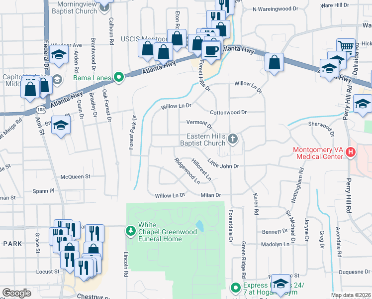 map of restaurants, bars, coffee shops, grocery stores, and more near 3213 Hillcrest Lane in Montgomery