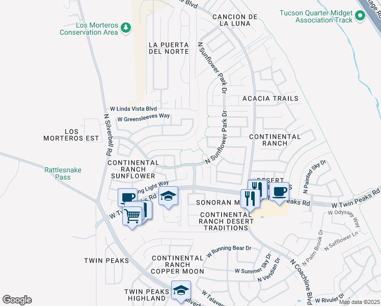 map of restaurants, bars, coffee shops, grocery stores, and more near 9401 North Sunflower Park Drive in Tucson