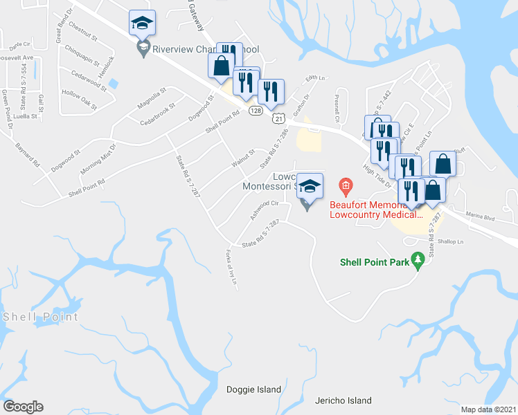 map of restaurants, bars, coffee shops, grocery stores, and more near 3008 Ashwood Circle in Beaufort