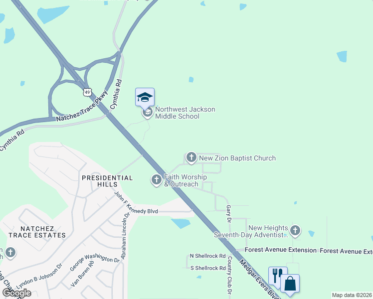 map of restaurants, bars, coffee shops, grocery stores, and more near 290 Pin Oak Drive in Jackson