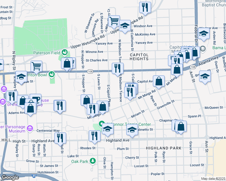 map of restaurants, bars, coffee shops, grocery stores, and more near 127 South Capitol Parkway in Montgomery
