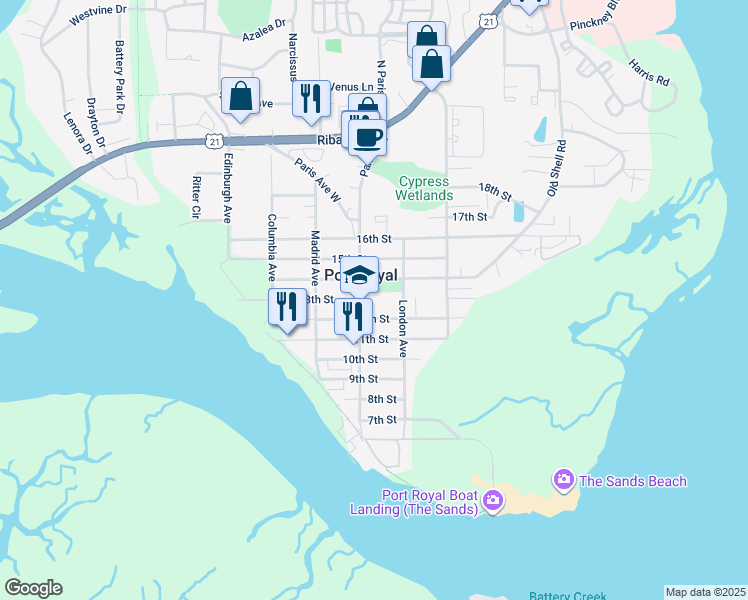 map of restaurants, bars, coffee shops, grocery stores, and more near 1214 Paris Avenue in Port Royal