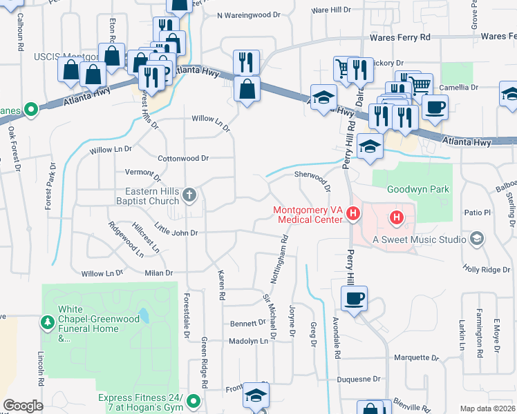 map of restaurants, bars, coffee shops, grocery stores, and more near 3622 Loxley Lane in Montgomery