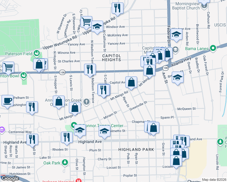 map of restaurants, bars, coffee shops, grocery stores, and more near 1931 Mount Meigs Road in Montgomery