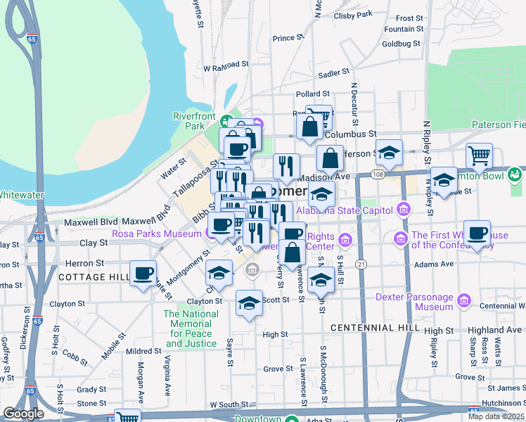 map of restaurants, bars, coffee shops, grocery stores, and more near 17 Dexter Avenue in Montgomery