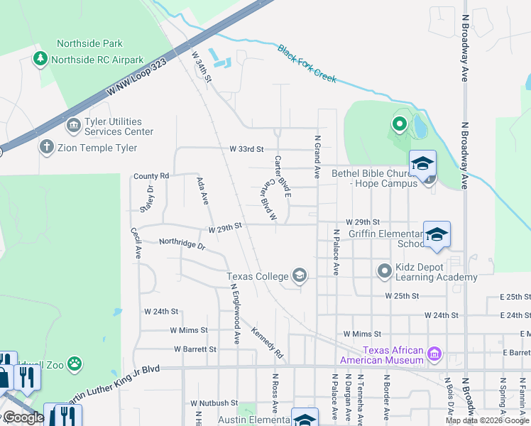 map of restaurants, bars, coffee shops, grocery stores, and more near 1312 West 29th Street in Tyler