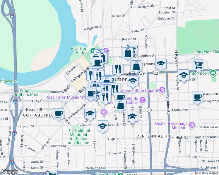 map of restaurants, bars, coffee shops, grocery stores, and more near 17 Dexter Avenue in Montgomery