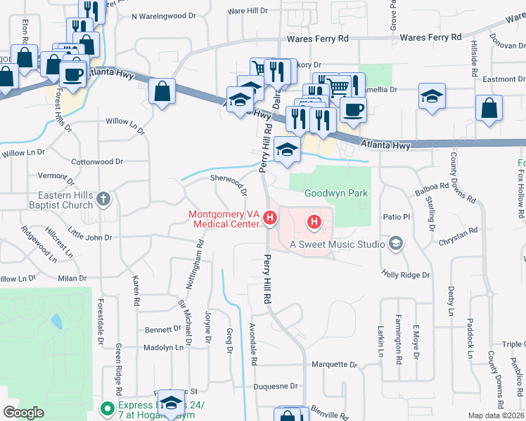 map of restaurants, bars, coffee shops, grocery stores, and more near 262 Perry Hill Road in Montgomery