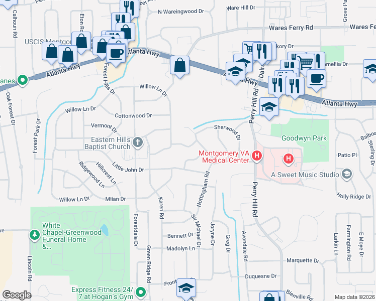 map of restaurants, bars, coffee shops, grocery stores, and more near 3622 Loxley Lane in Montgomery