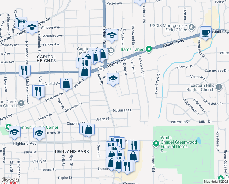 map of restaurants, bars, coffee shops, grocery stores, and more near 225 Ann Street in Montgomery