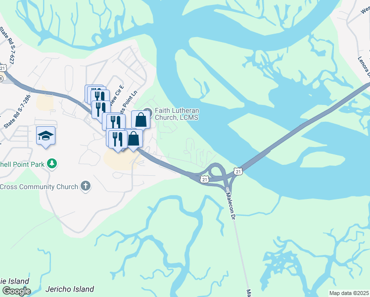 map of restaurants, bars, coffee shops, grocery stores, and more near 15 Marina Boulevard in Beaufort