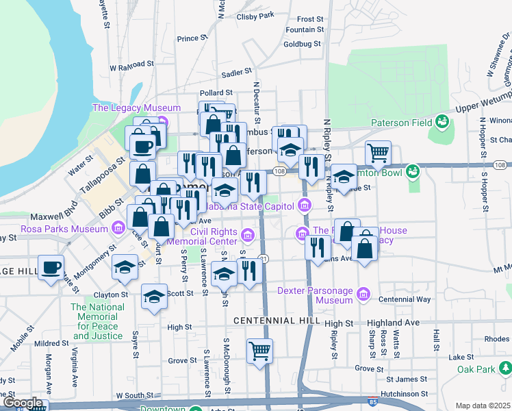 map of restaurants, bars, coffee shops, grocery stores, and more near 101-141 South Decatur Street in Montgomery