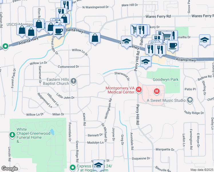 map of restaurants, bars, coffee shops, grocery stores, and more near 168 Nottingham Court in Montgomery