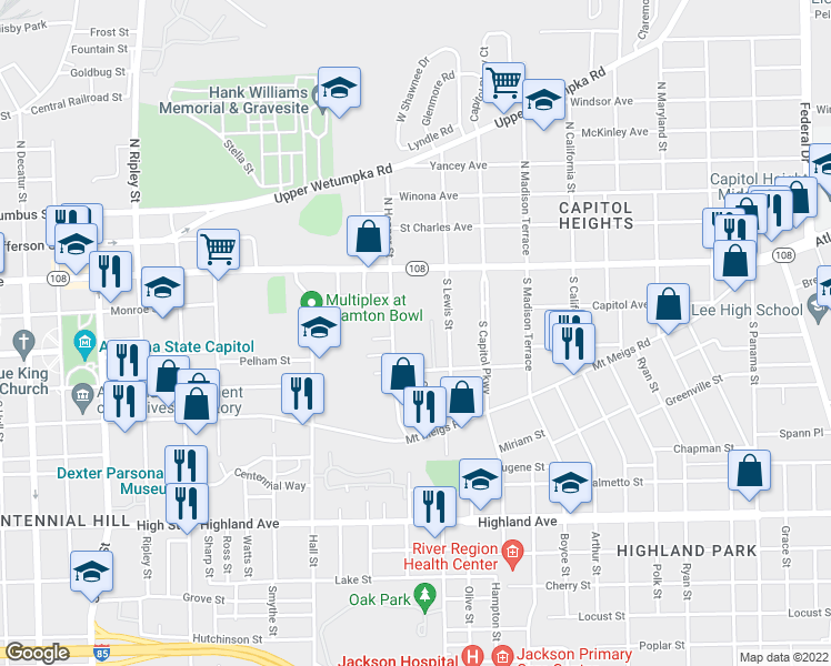 map of restaurants, bars, coffee shops, grocery stores, and more near 1 Hopper Street in Montgomery