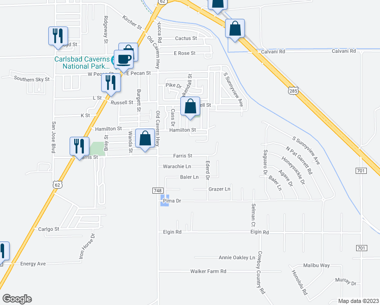 map of restaurants, bars, coffee shops, grocery stores, and more near 406 Farris Street in Carlsbad