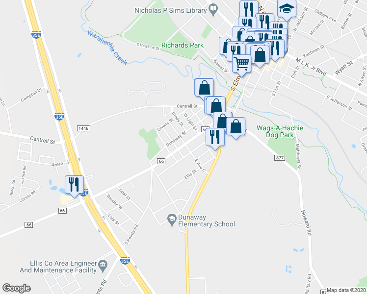 map of restaurants, bars, coffee shops, grocery stores, and more near 801 Farm to Market 66 in Waxahachie