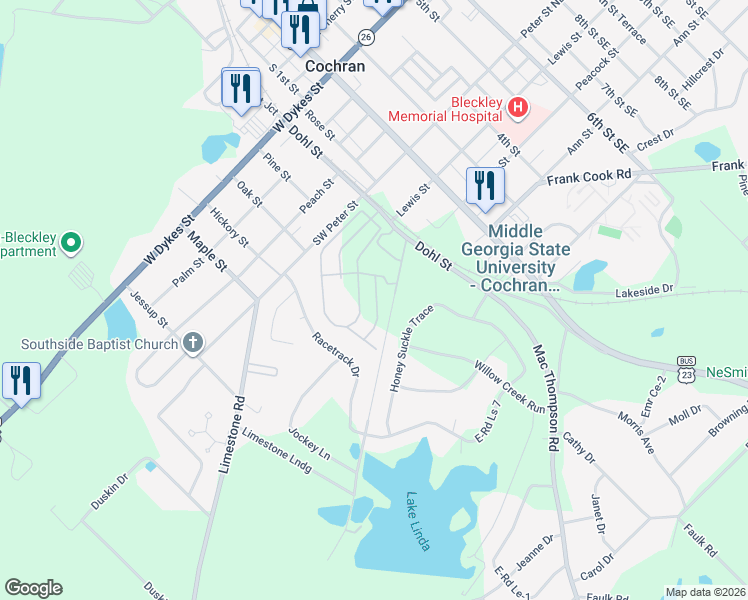 map of restaurants, bars, coffee shops, grocery stores, and more near 126 Mac Thompson Road in Cochran