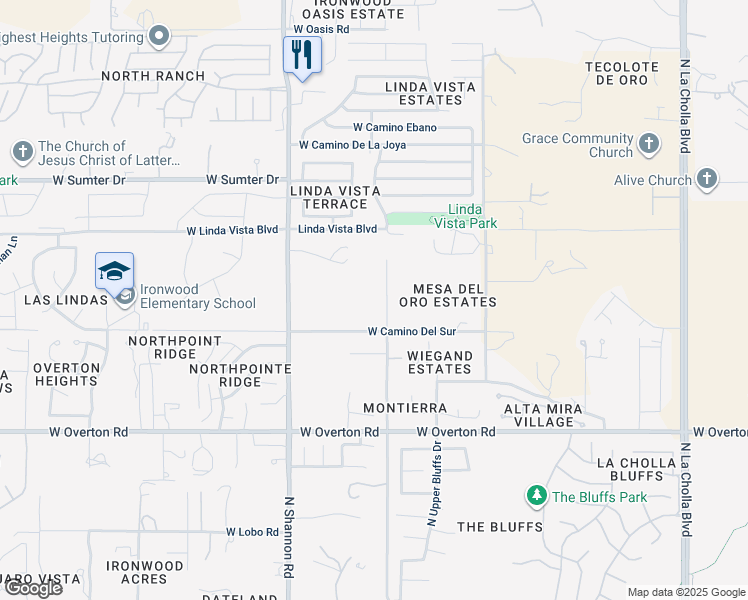 map of restaurants, bars, coffee shops, grocery stores, and more near 9450 North Camino del Fierro in Tucson
