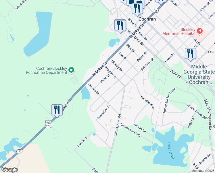 map of restaurants, bars, coffee shops, grocery stores, and more near 167 Palm Street in Cochran