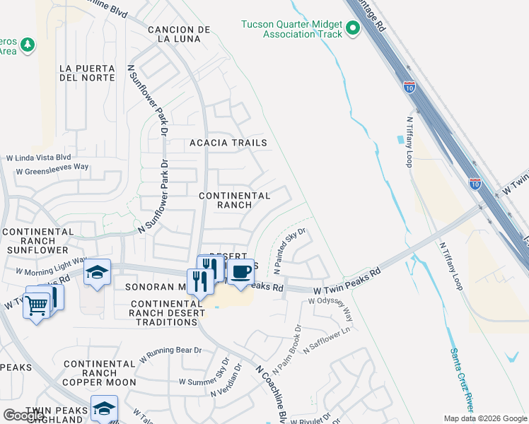 map of restaurants, bars, coffee shops, grocery stores, and more near 9449 North Weather Hill Drive in Tucson