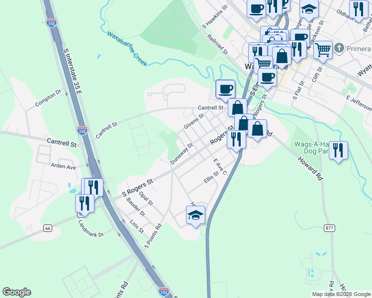 map of restaurants, bars, coffee shops, grocery stores, and more near Pasley Street in Waxahachie