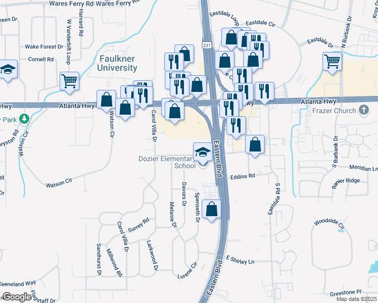 map of restaurants, bars, coffee shops, grocery stores, and more near 5449 Dalphon Road in Montgomery