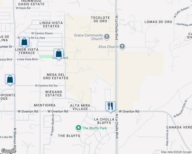 map of restaurants, bars, coffee shops, grocery stores, and more near 9551 North La Cholla Boulevard in Tucson