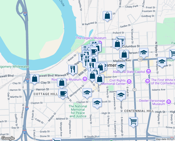 map of restaurants, bars, coffee shops, grocery stores, and more near 282 Bibb Street in Montgomery