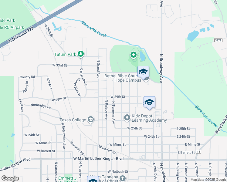 map of restaurants, bars, coffee shops, grocery stores, and more near 2908 North Glass Avenue in Tyler
