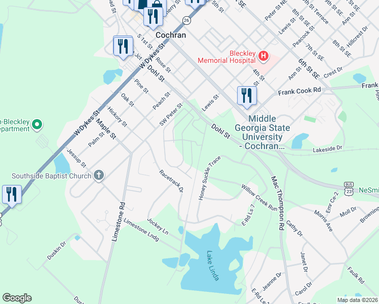 map of restaurants, bars, coffee shops, grocery stores, and more near 126 Mac Thompson Road in Cochran