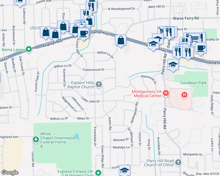 map of restaurants, bars, coffee shops, grocery stores, and more near 3766 Willow Lane Drive in Montgomery