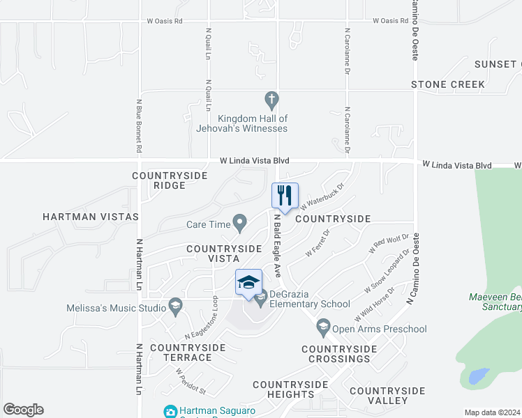 map of restaurants, bars, coffee shops, grocery stores, and more near 5032 West Warbler Street in Tucson